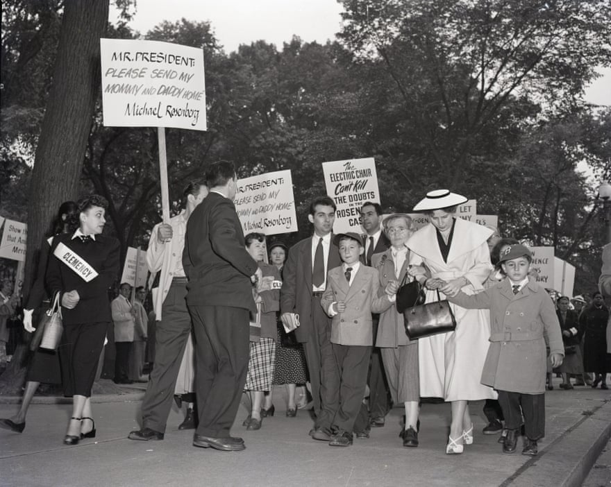 Michael, aged 10, left, and Robert, six, with their grandmother Sophie Rosenberg, at a demonstration to try to save their parents just days before their execution in June 1953.