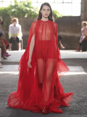 Spring/summer 2021 Valentino model is seen in a red dress.
