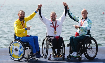 Ben Pritchard (centre) with the gold medal, with Ukraine’s Roman Polianskyi (left) with silver and Australia’s Erik Horrie with bronze on the podium after the PR1 men’s single sculls final.