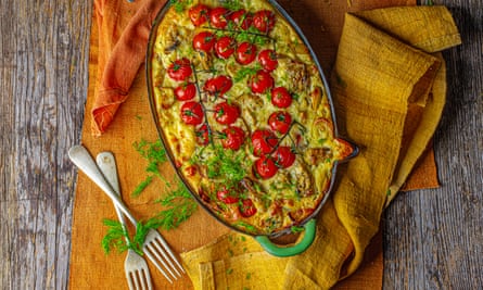 Rukmini Iyer’s cherry tomato, leek and artichoke bake with feta recipe.