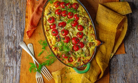 Rukmini Iyer’s cherry tomato, leek and artichoke bake with feta recipe.