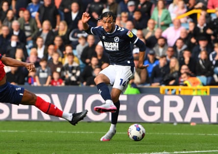 Tyler Burey scores for Millwall against West Brom at the Den in 2022