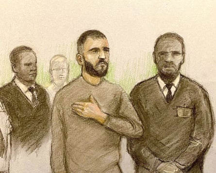 Sketch of Marcus Monzo putting his hand on his chest while flanked by court officers