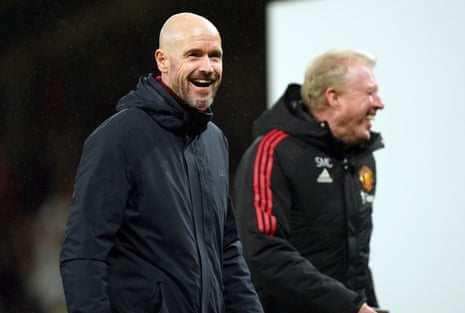 Manchester United manager Erik ten Hag and coach Steve McClaren look pleased with the result following the Carabao Cup semi-final, second leg victory over Nottingham Forest.