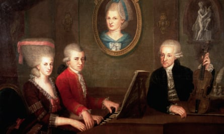 Mozart’s family by Johann Nepomuk della Croce, shows Nannerl and Wolfgang at the piano while their father, Leopold, holds a violin