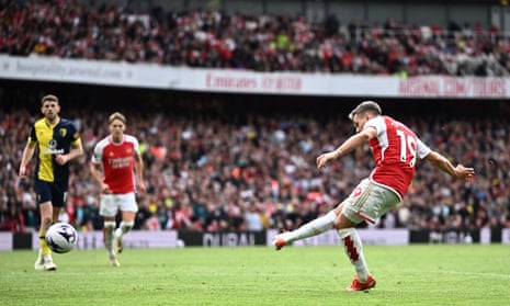 Arsenal's Leandro Trossard scores their second goal against Bournemouth.