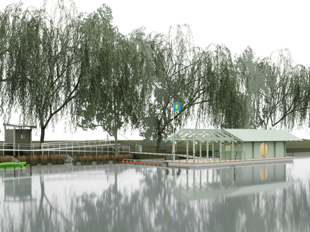 Artistic impression of Hornstull Sauna on water with willow trees behind.