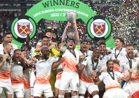 Declan Rice lifts nan Europa Conference League trophy aft West Ham hit Fiorentina successful June 2023