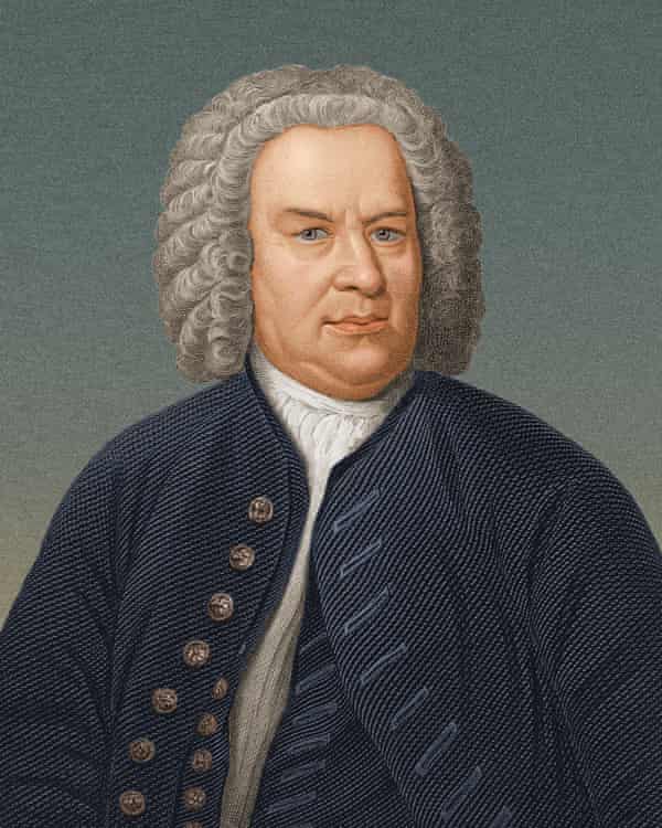 An illustration of German composer J S Bach aged around 40 wearing a grey wig. and