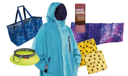 From left: Lucazzi extra-large utility tote, from Amazon; Onsen portable ‘kitchen sink’, from Alpkit; Red Equipment long sleeve change robe; Stick in the Sand windbreak, fromplasticfreedom.co.uk; Beach Powder; Bumble Wrap.