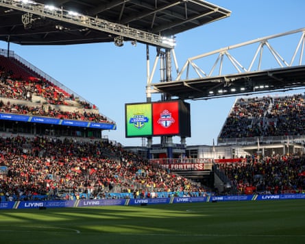 A shot of a video board displaying the Toronto FC logo during a soccer match at BMO Field.