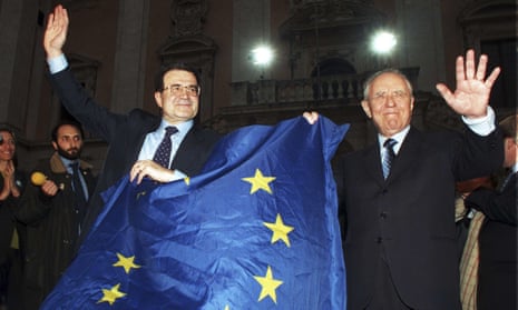 Carlo Azeglio Ciampi, right, with Romano Prodi, celebrates Italy’s entrance into the European monetary union in 1998. 