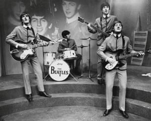 A rehearsal of the musical play John, Paul, George, Ringo ... and Bert by Willy Russell, which tells a fictionalised life story of the Beatles, at the Lyric Theatre in London, 1974. From left to right, Phillip Joseph as George Harrison, Antony Sher as Ringo Starr, Trevor Eve as Paul McCartney and Bernard Hill as John Lennon