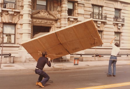 Blue Poles is lowered from the Heller family’s 10th-floor apartment to the street below.