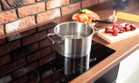 Metal pot stands on a modern induction cooker