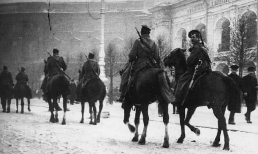 Cossack troops on patrol in St Petersburg during the Russian Revolution.
