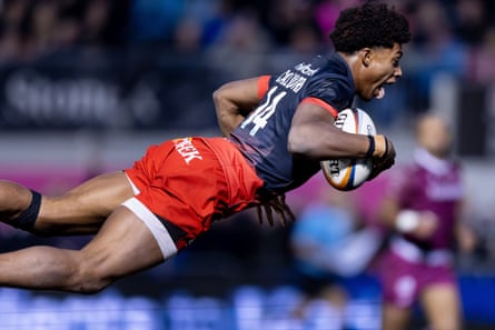 Noah Caluori performs one of his trademark dives as he scores for Saracens