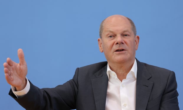 Olaf Scholz gestures during the chancellor’s annual summer press conference in Berlin on Thursday