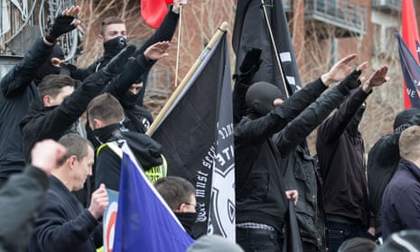 Neo-nazis and skinheads at a ‘white man march’ in Newcastle, under the banner of ‘national action’.