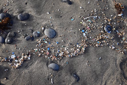 A wavy line of brightly coloured plastic weaes across wet sand