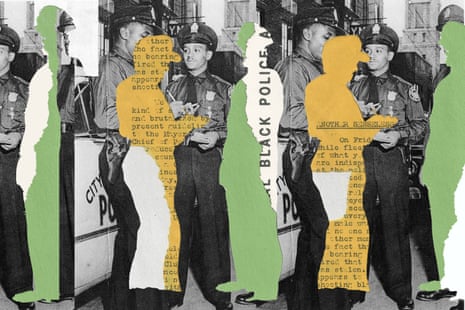 A collage of paper-style cutouts of silhouettes of police officers in orange and green over a black-and-white background photo of two police officers standing next to each other.