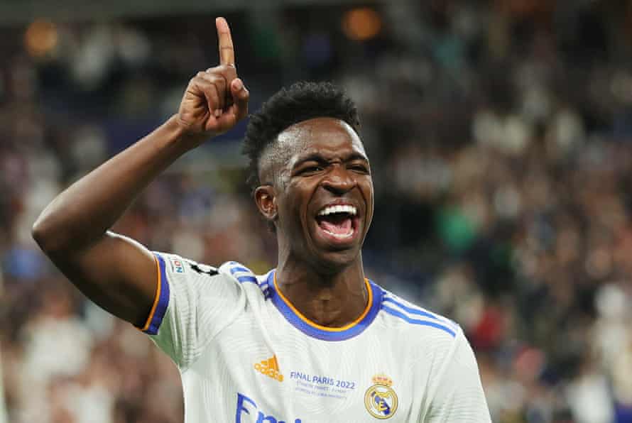 Vinicius Junior of Real Madrid celebrates after scoring the opening goal.