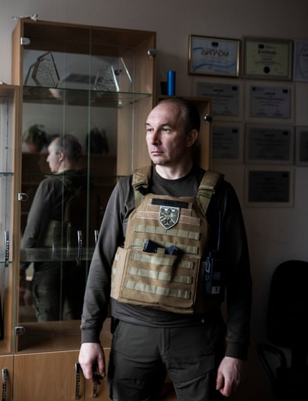 The mayor of Trostianets, Yuriy Bova, in his office in the town administrative building, which was occupied by Russian troops