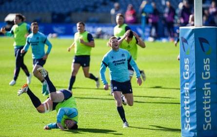 Finn Russell of Scotland smiles during the Captains Run ahead of their match against France.