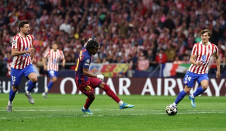 Barcelona’s Lamine Yamal slots the ball home to half the visitors’ deficit.