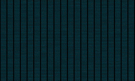 Binary code, ones and zeros in a 1970 dot matrix font on a computer screen.