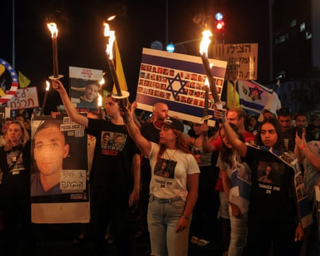 Protesters outside Benjamin Netanyahu’s office in Jerusalem on Thursday demand the release of the hostages held in Gaza