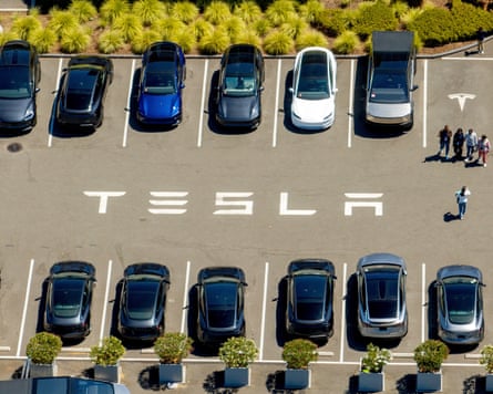 Tesla vehicles line a parking area at the company’s Fremont factory