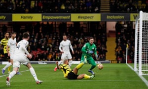 Watford’s Cucho Hernandez pulls a goal back for the home side.
