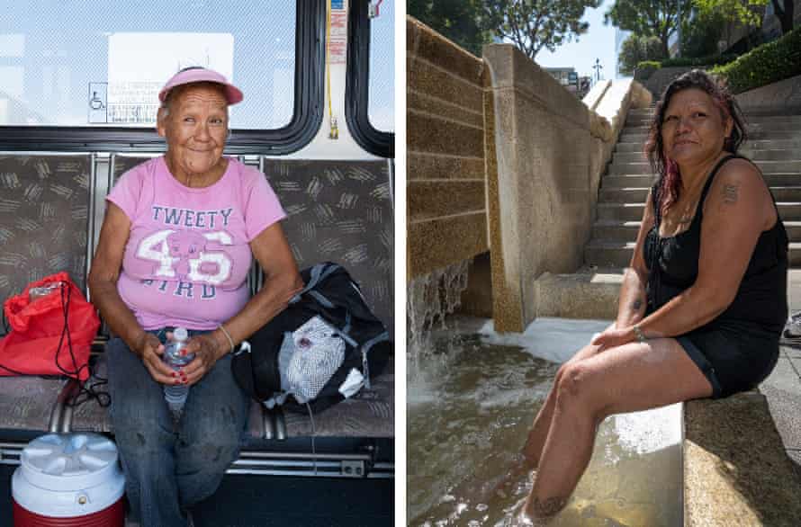 Left: Lola May Brown, 62, cools down and drinks water on a mobile cooling bus in The Zone. Right: Althea Scott, 40, cools off in a fountain on June 11, 2022, in Phoenix, Ariz. The high temperature hit 114°F during an excessive heat warning.