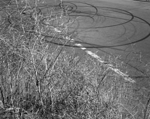 Drift Tracks, 2019 ‘On weekends, the park attracts car enthusiasts, lowrider events and street takeovers. The tracks left by drifting rubber tires here among the high brush evoked an abstract painting’