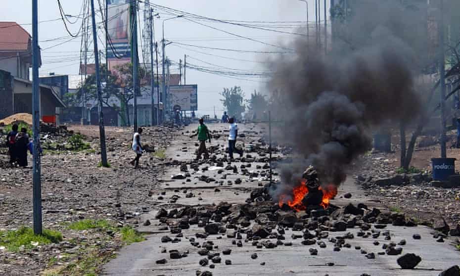 A barricade burns in Goma during a protest against President Joseph Kabila.