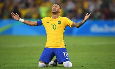 Neymar cries in celebration after his winning penalty in the shootout against Germany at the Maracanã, which gave Brazil their first men’s Olympic football title