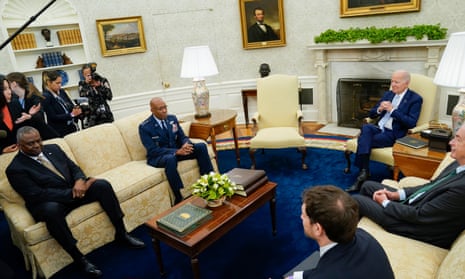 Before the latest troubles in southern Israel blew up: US president Joe Biden listens to a question from a reporter as he meets to receive a briefing on Ukraine in the Oval Office last Thursday. Seated clockwise from left, Defense Secretary Lloyd Austin, new Chairman of the Joint Chiefs of Staff Gen. CQ Brown Jr., Biden, Central Intelligence Agency Director William Burns, and Jon Finer, Assistant to the President and Principal Deputy National Security Advisor.