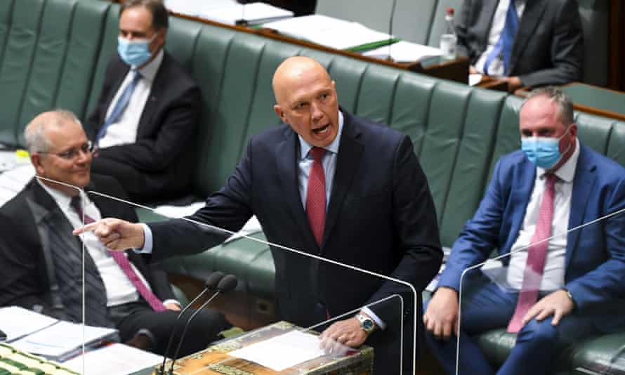 Australian Defence Minister Peter Dutton speaks during Question Time in the House of Representatives at Parliament House in Canberra, Thursday, February 10, 2022