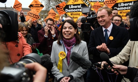 Sarah Olney, the new MP for Richmond Park, and Tim Farron, the party leader, celebrating the Lib Dem win in the byelection. 