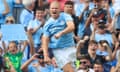 Erling Haaland of Manchester City celebrates after scoring his side's fourth goal during the Premier League match between Manchester City and Fulham.