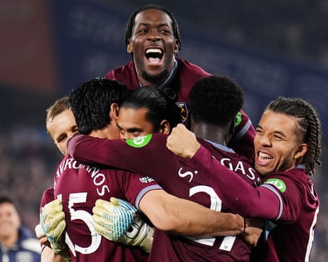 Konstantinos Mavropanos (centre) celebrates with his teammates after scoring West Ham’s winning penalty in the shootout.