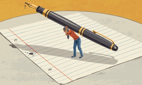 An illustration of a tiny woman standing on a huge blank piece of lined paper carrying an equally huge pen over her head