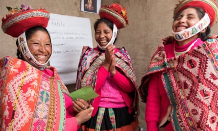 Three Quechuan women in traditional dress, Peru