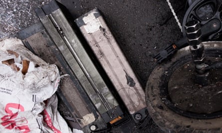Damaged lithium-ion batteries at the site of the fire this week.