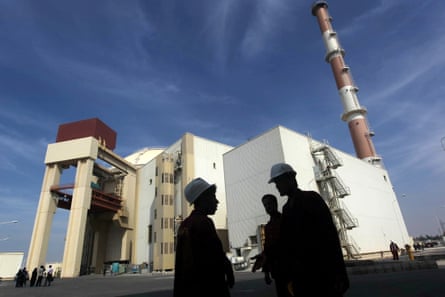 Workers outside the Bushehr nuclear power plant in Iran.