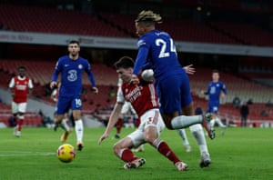 Arsenal’s Kieran Tierney is fouled by Chelsea’s Reece James resulting in a penalty following a VAR review.