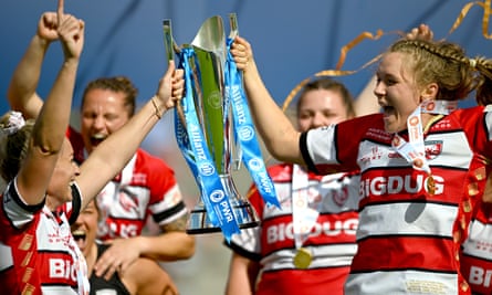 Natasha Hunt (left) celebrates Premiership success with Gloucester-Hartpury in June.