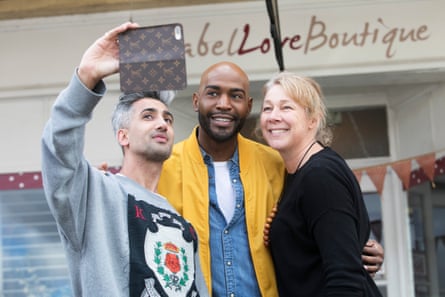 Tan France and Karamo Brown of Queer Eye take a selfie with Yass business owner Nicole Godding.