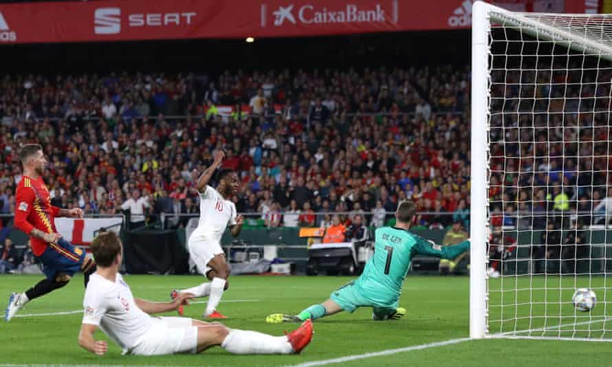 Raheem Sterling puts England 3-0 up in October 2018’s 3-2 Nations League win in Spain